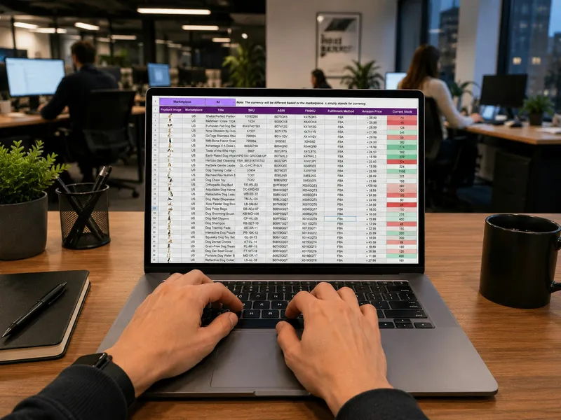 Hands typing on a laptop that shows a colorful data spreadsheet in an open office